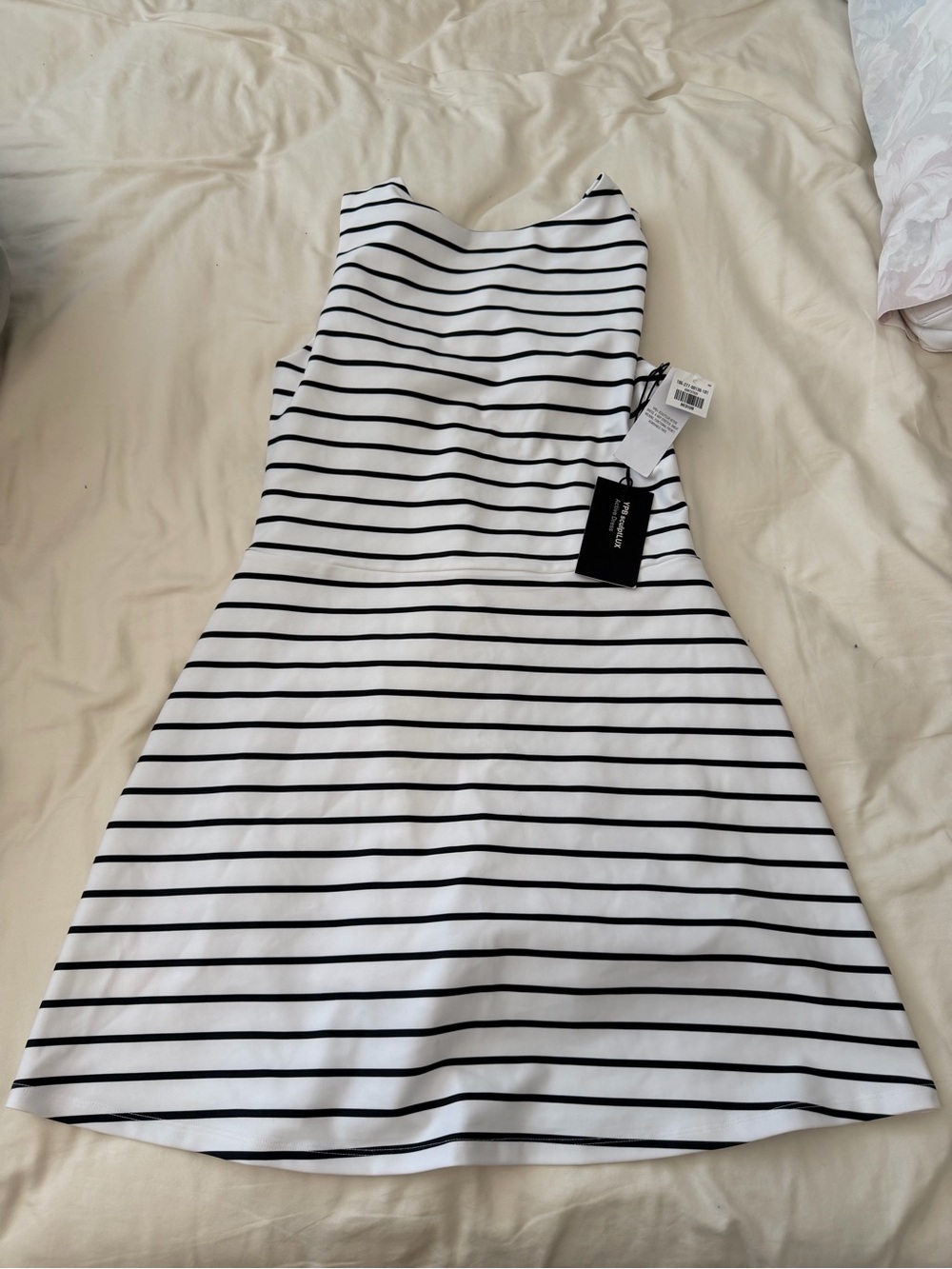 Sleeveless White and Black Striped A-Line Dress